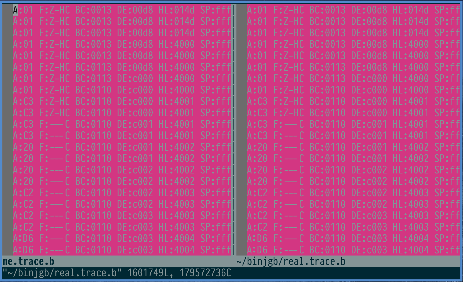 vimdiff view of the traces